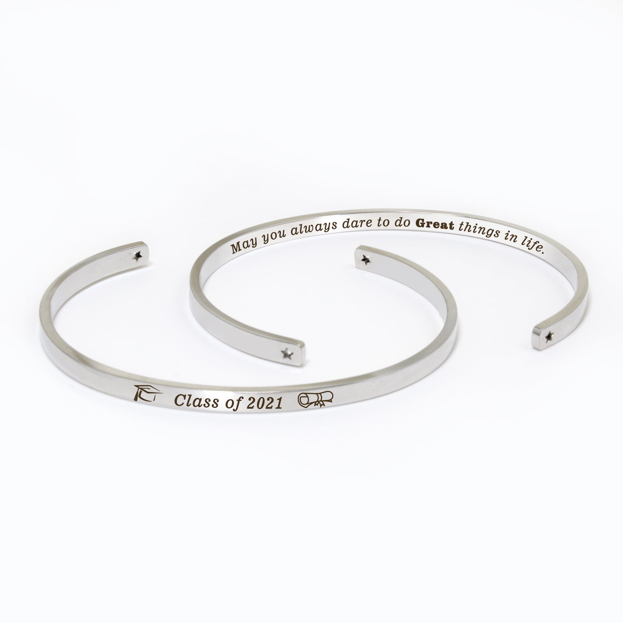"May you always dare to…" Silver Stainless Steel Graduation Theme Hidden Message Gift for Her Cuff Bracelet with Gift Set