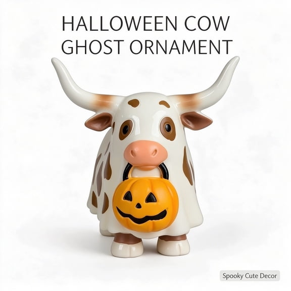 Ghost Highland Cow Resin Figurine Holding Pumpkin Bucket - Halloween Decorations - Cute Spooky Tabletop Mantel Shelf Home Halloween Party Decor