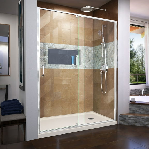 DreamLine Flex 30 in. D x 60 in. W x 74 3/4 in. H Semi-Frameless Pivot Shower Door in Chrome with Right Drain Biscuit Base Kit