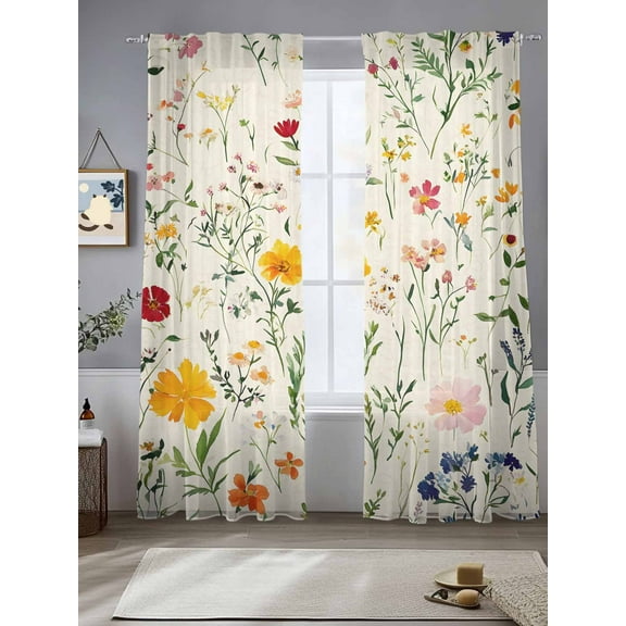 Beige Farmhouse Floral Sheer Curtains for Living Room Bedroom Spring Summer Botanical Sheer Curtains 84 Inch Long 2 Panels Set Light Filtering Curtain Window Treatments Drapes for Dining Room