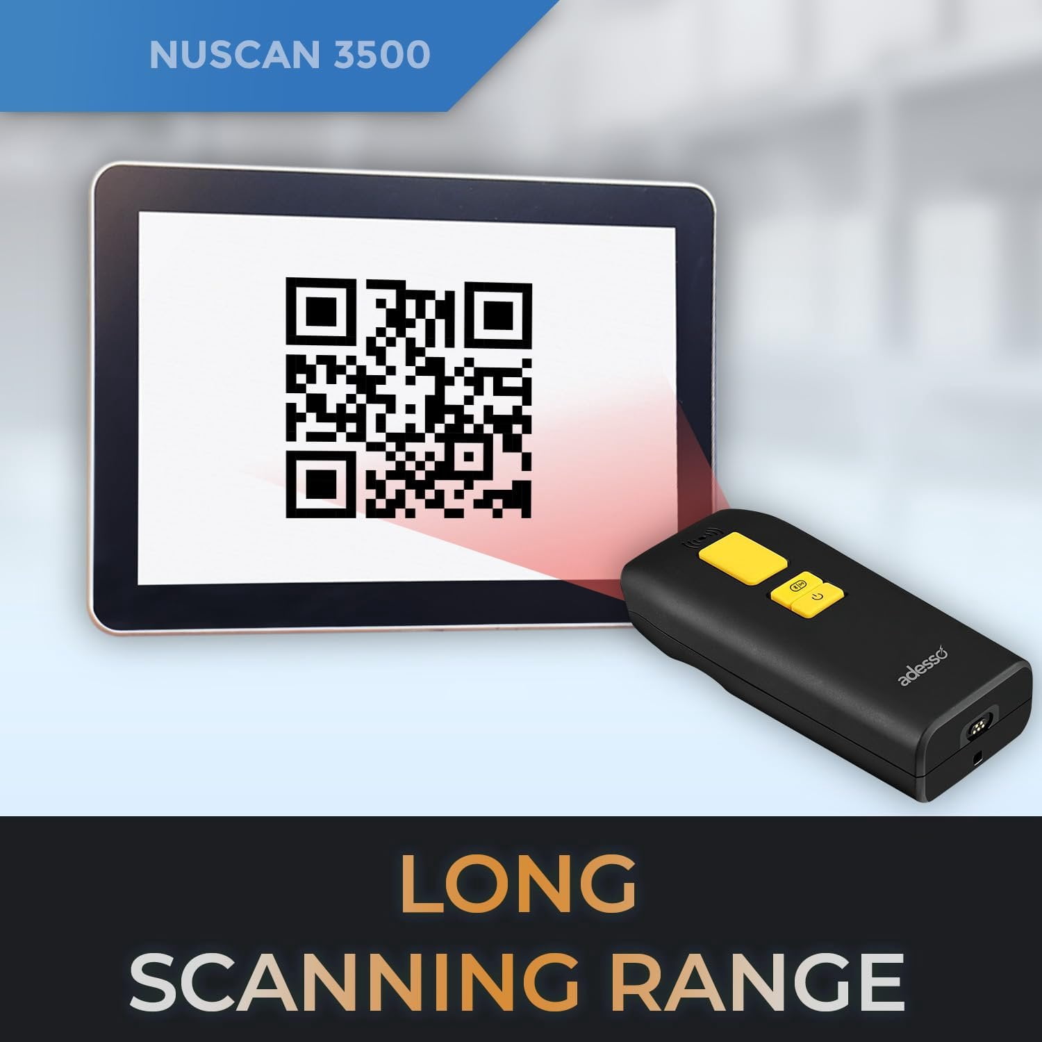Adesso NuScan 3500 2D Barcode Scanner with Bluetooth & 2.4GHz Wireless Technology, Waterproof IP67 Rating, 10ft Drop Protection, 118ft Operating Range, Compatible with Windows & MacOS