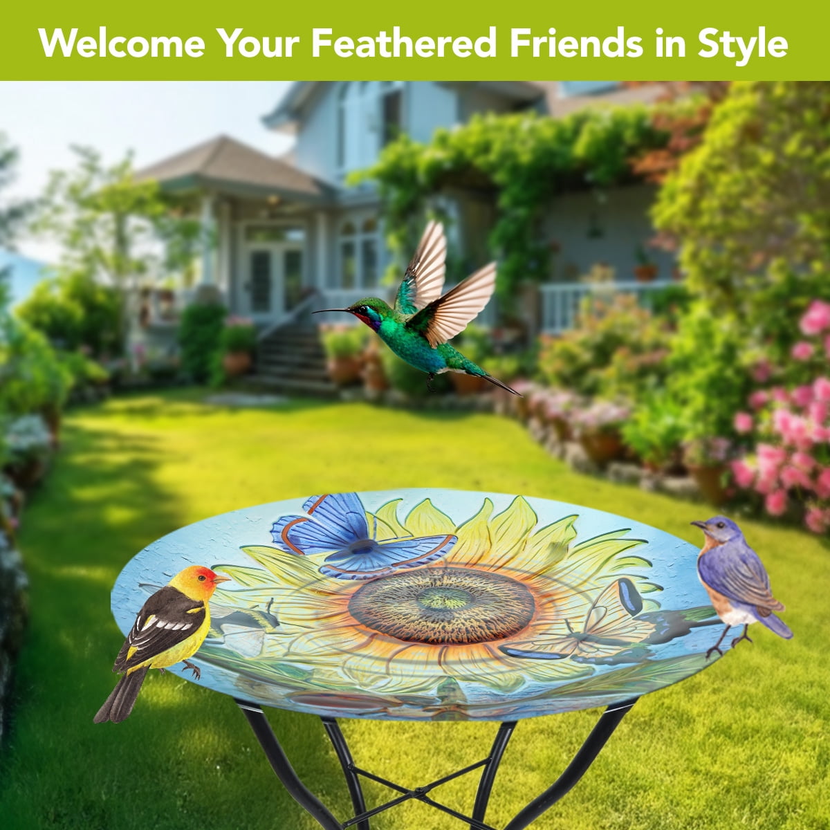 Briarwood Lane Summer Glass Birdbath Including Metal Stand Sunflower Dance For Summer Birdbath