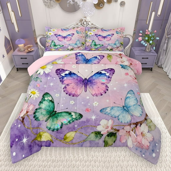 Castle Fairy Flying Gradient Butterflies 2Pcs Bedding Comforter Set,Abstract Ombre Watercolor Twin Comforter Sets,Dreamy Princess Breathable Bedding Set,Luxury Bedroom Decor