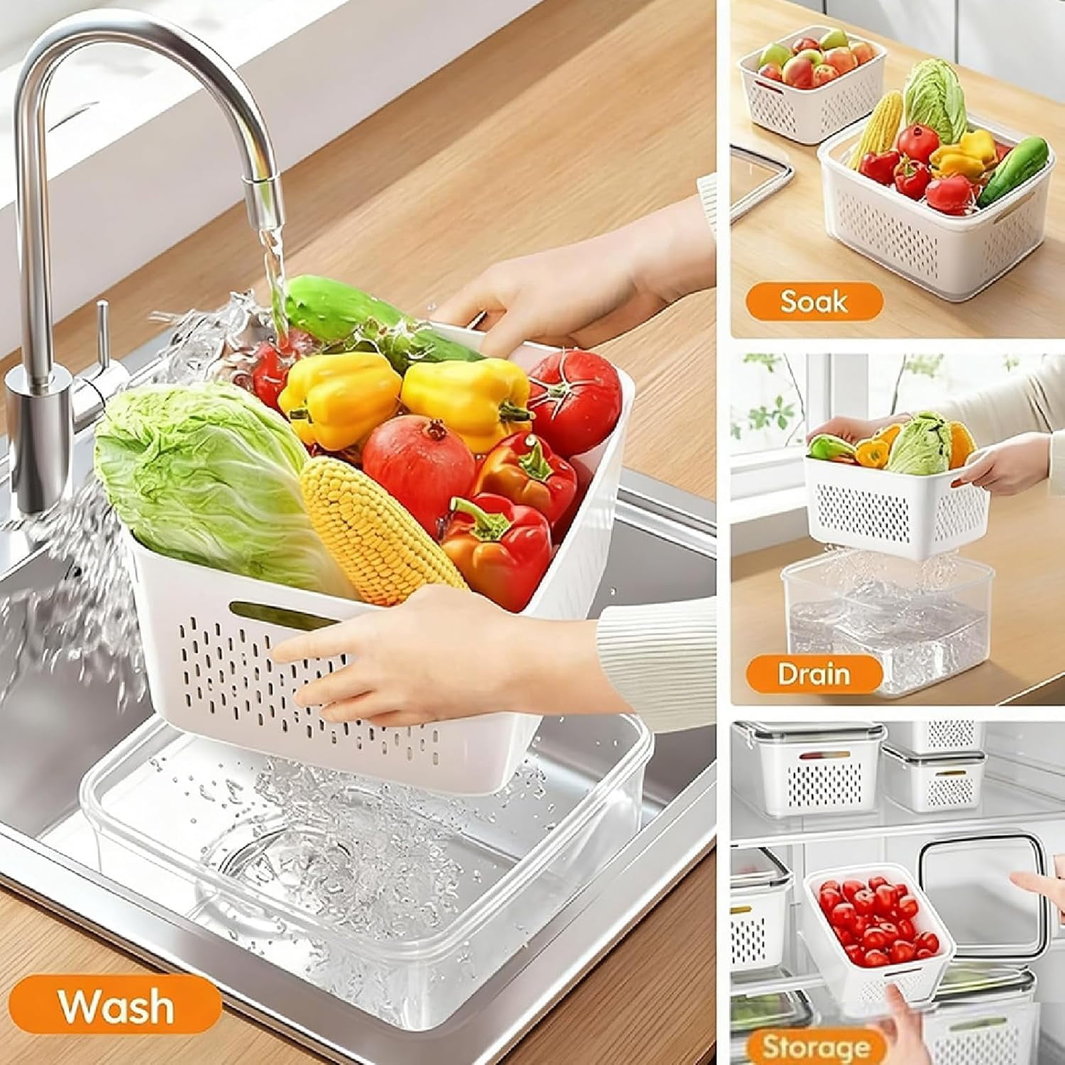 4 In 1 Food Storage Container, Premium Transparent Plastic Food Storage Box With Drain Basket – Multifunctional Airtight Container For Vegetables & Kitchen Organization