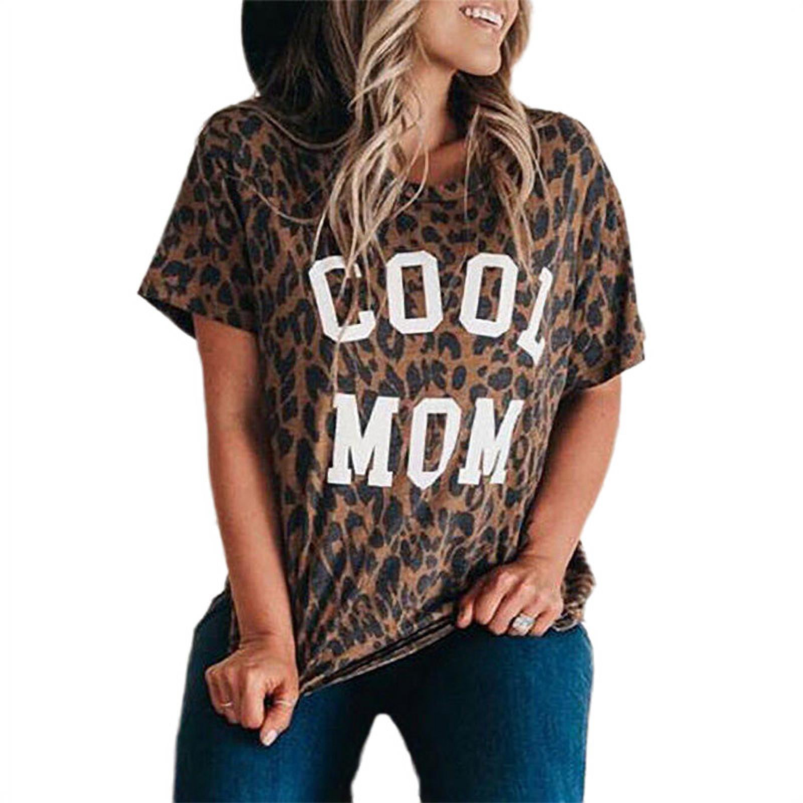 Amober Short Sleeve for Women,Womens Leopard Colorblock Striped Short Sleeve T-Shirt Round Neck Casual Top