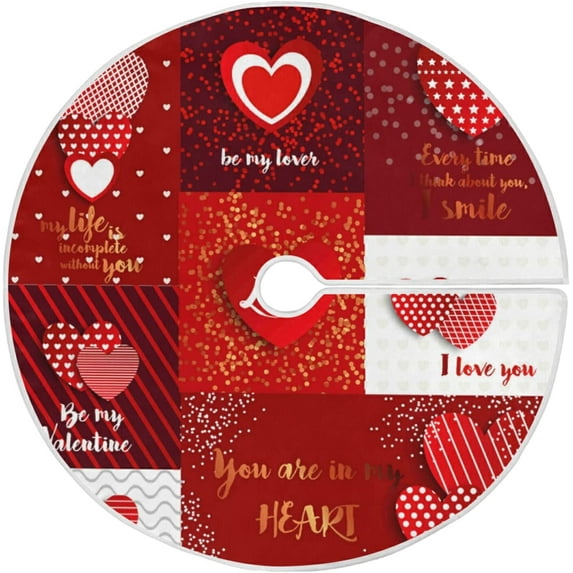 FMSHPON Valentines Day Valentine's Red Hearts Plaid Love Xmas Christmas Tree Skirt Stand Mat for Holiday Party Decoration Indoor Outdoor 48 inches