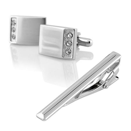 Zodaca Crystal Cuff Links Mens Wedding Party Gift Cufflinks+Simple Silver Tie Clip