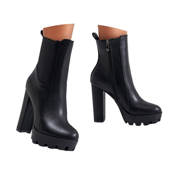 Mostsola Black Boots for Women Elastic Ankle Boots Zip up Platform Heels Fashion Block Heeled Pumps