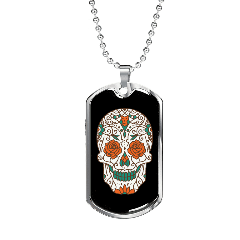 Calavera Mexican Rose Eyes Sugar Skull Necklace Stainless Steel or