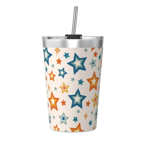 PAYOHTO Colourful Star Shape on Neutral Beige Insulated Stainless Steel Tumbler 12 oz Thermos Come with Straw Kids Leak-Proof Travel Mug Cup
