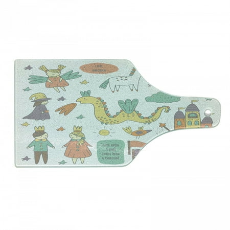 

Fantasy Cutting Board Doodle Style Dragon Fairies Royalty and Wizard Middle Ages Heroic Elements Decorative Tempered Glass Cutting and Serving Board Wine Bottle Shape Multicolor by Ambesonne