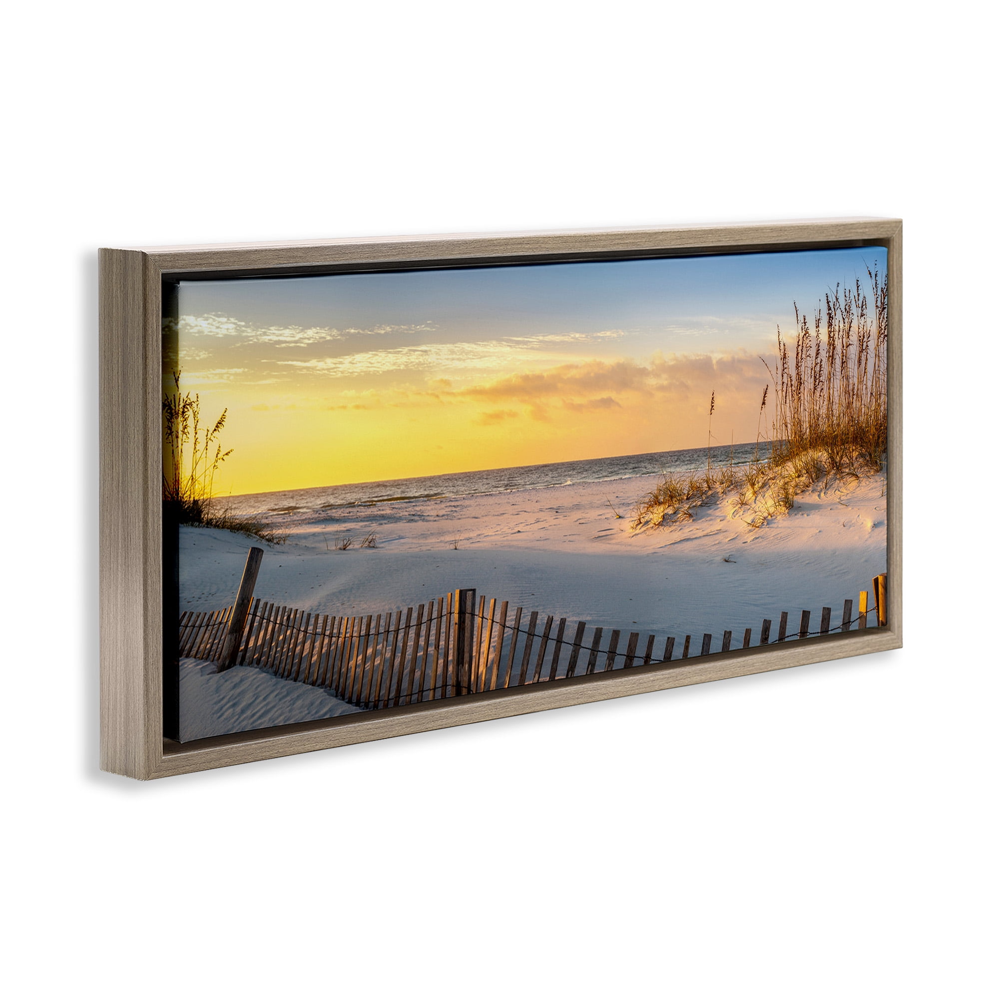 Stupell Industries Panoramic Coastal Beach Sunrise Nature Photography Brown Floater Framed Canvas Art Print Wall Art, 31 x 14