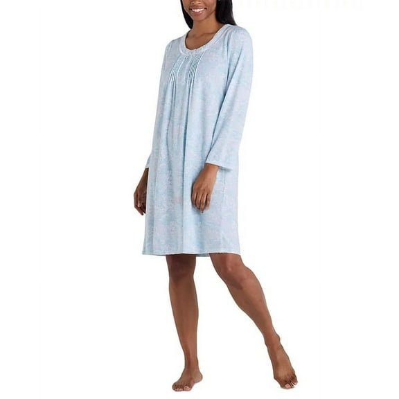 Miss Elaine AQUA/PAISLEY Women's Lace-Trim Shirred Nightgown, US X-Large