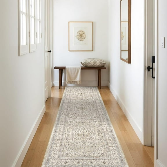 3x10 Runner Rug for Hallway - Non-Slip Kitchen Rugs with Rubber Backing, Soft Waterproof Mats, Stain Resistant Indoor Vintage Carpet Runner for Bedroom Bathroom Laundry Entryway Beige/Gray