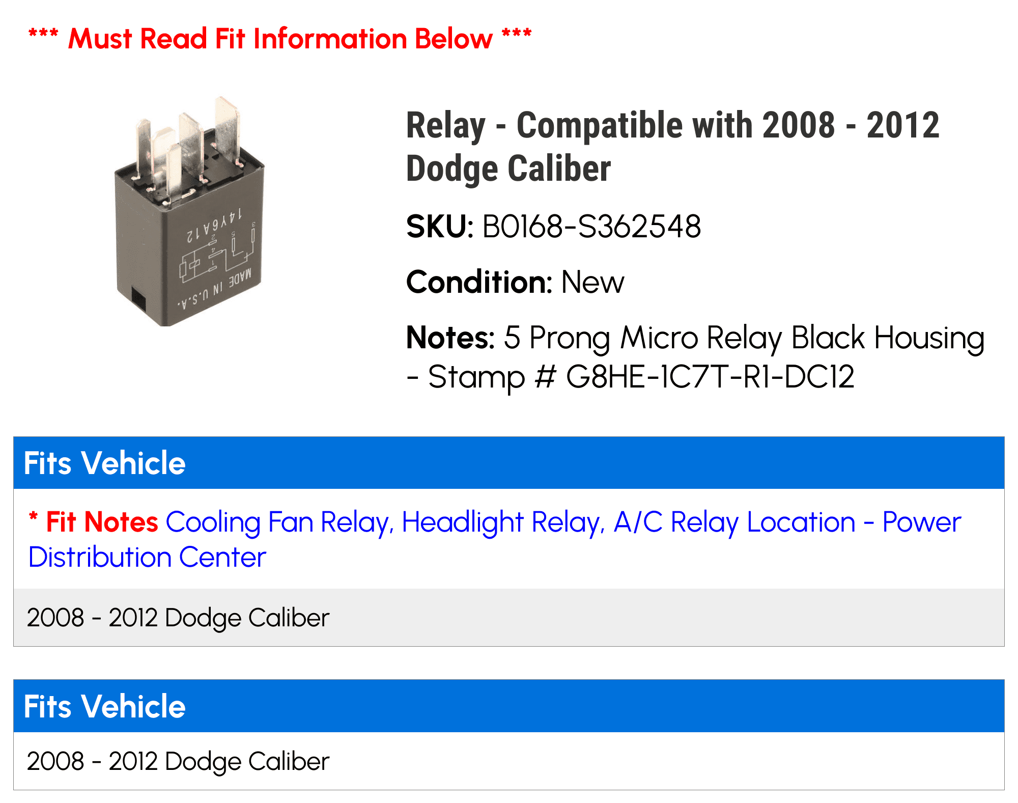 Relay - Compatible with 2008 - 2012 Dodge Caliber 2009 2010 2011