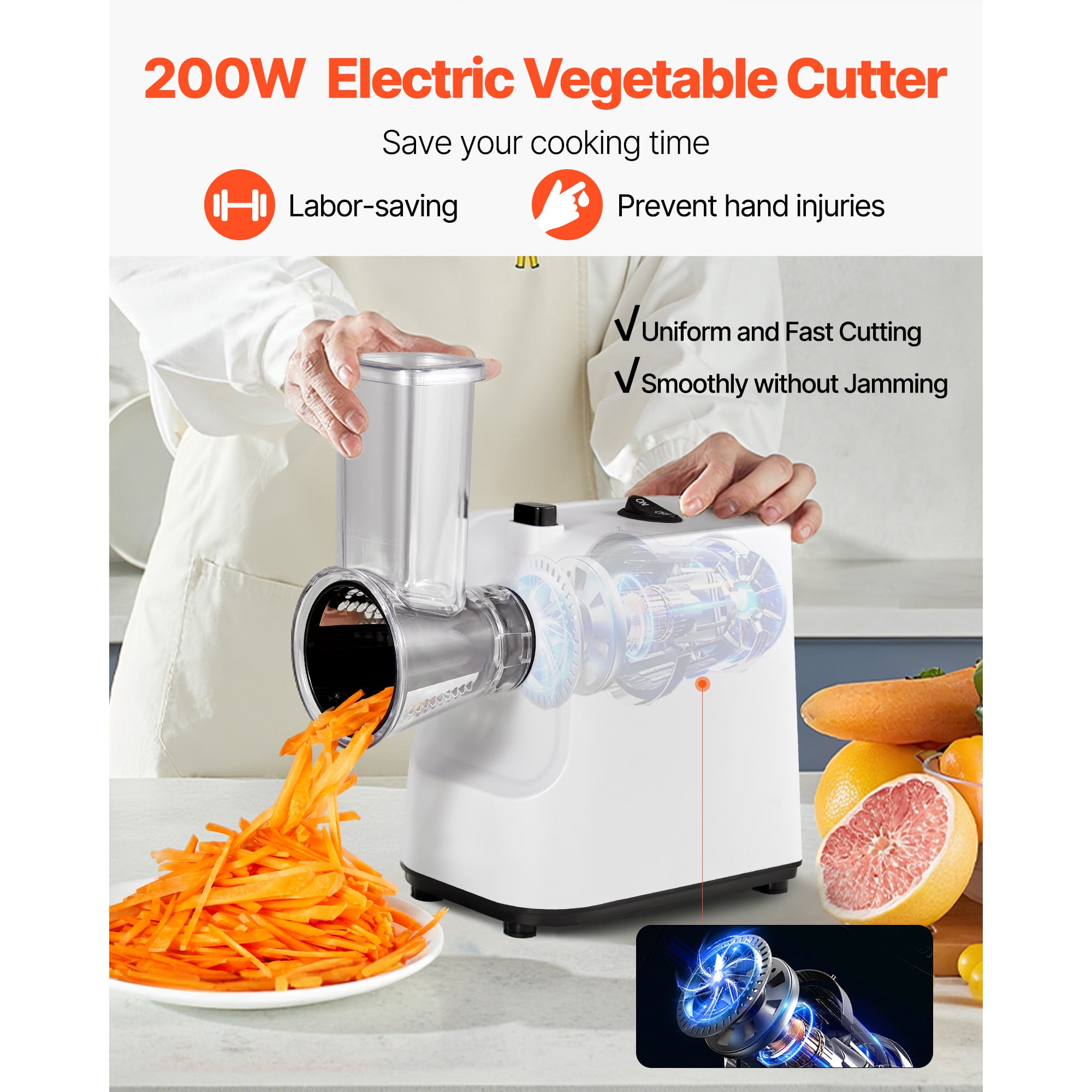 KFFKFF Electric Cheese Grater and Salad Maker, 200W Vegetable Slicer and Shredder with 5 Attachments, Stainless Steel Food Processor for Fruits, Vegetables, and Cheeses