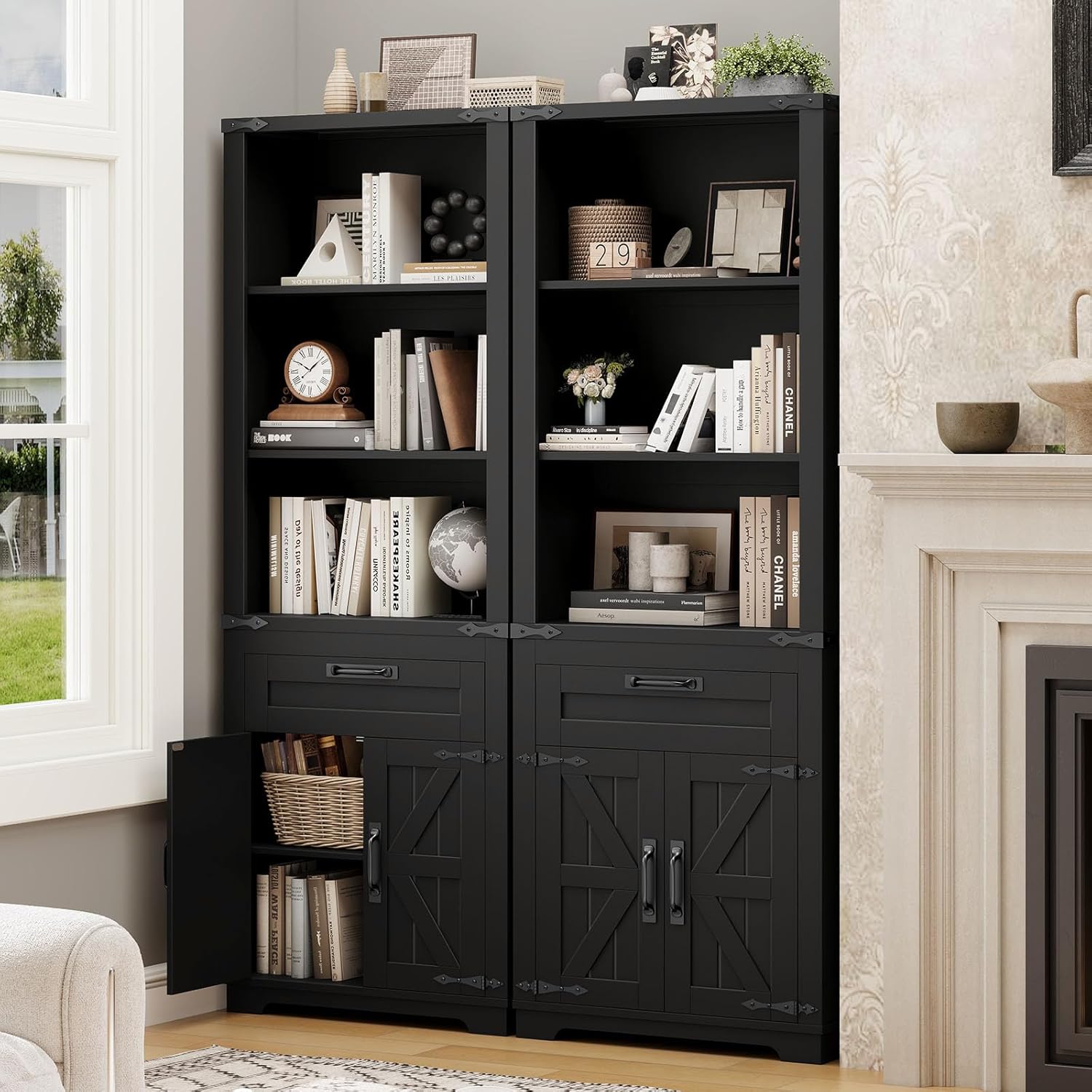 Vabches 67" Tall Bookcases with Drawer and Doors, 5-Tier Farmhouse Bookshelf, Bookcase for Living Room Home Office