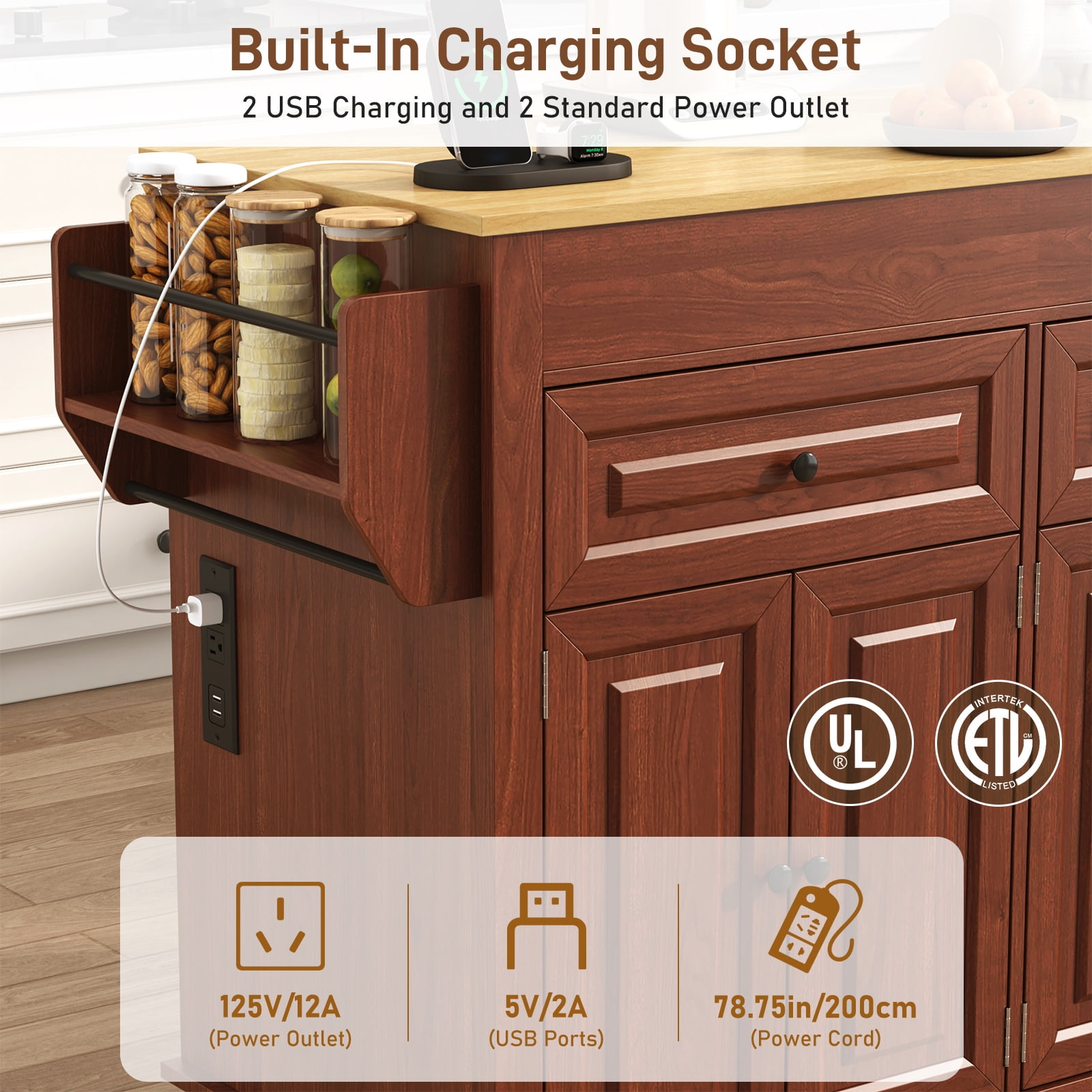 ANPOO Large Kitchen Island with Extendable Dining Table and Power Outlet, Rolling Kitchen Island Cart on Wheels with 2 Storage Cabinets & 2 Drawers & 3 Spice Racks, Island Table for Kitchen