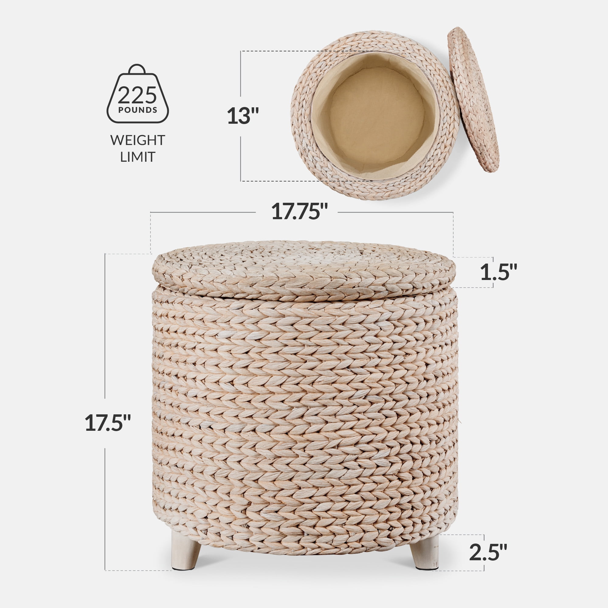 Best Choice Products 17" Round Storage Ottoman with Lid - Handwoven Water Hyacinth Modern Footstool, Whitewash