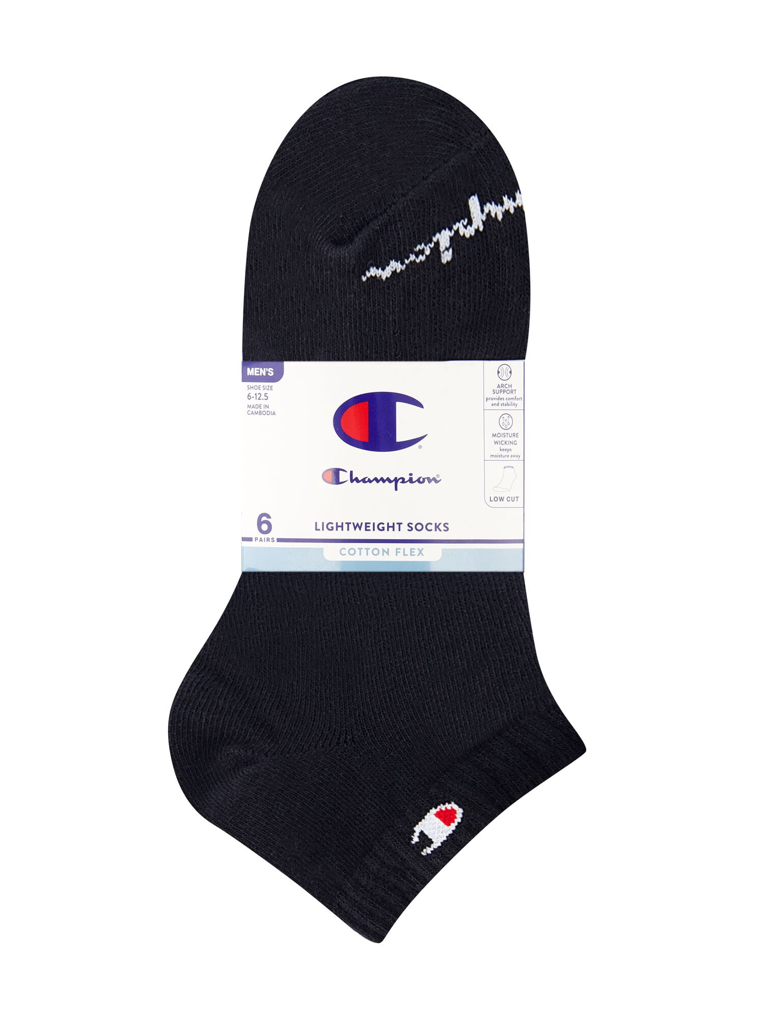 Champion Men’s Lightweight Low Cut Socks 6 Pack, Moisture-Wicking, Arch Support, Stretch Comfort, Sizes 6–12.5