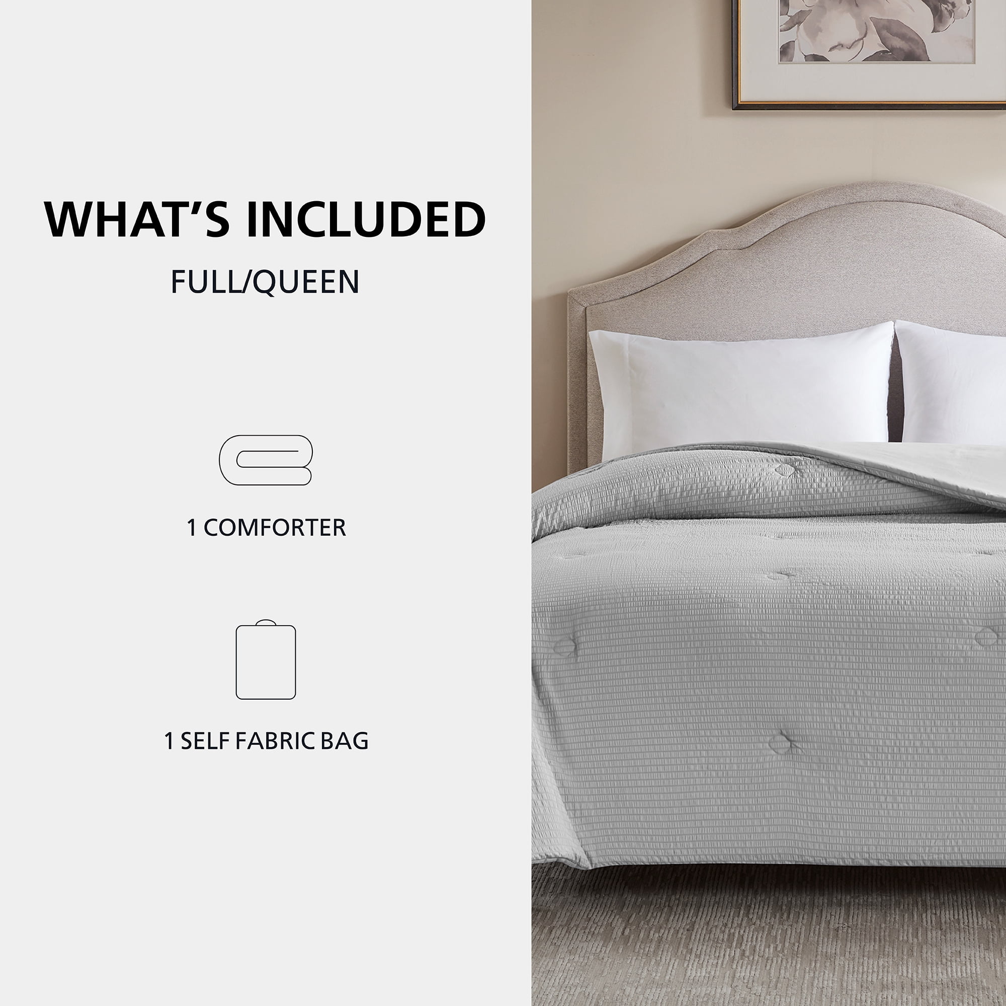Mainstays Full/Queen Comforter, Reversible Down Alternative, All-Season, Grey Seersucker