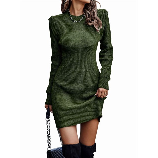 Chandail Femme Court Élégant Manches Longues Col Rond Ajusté Habillé Automne Hiver Mini Robe Tricotée Vert Armée m