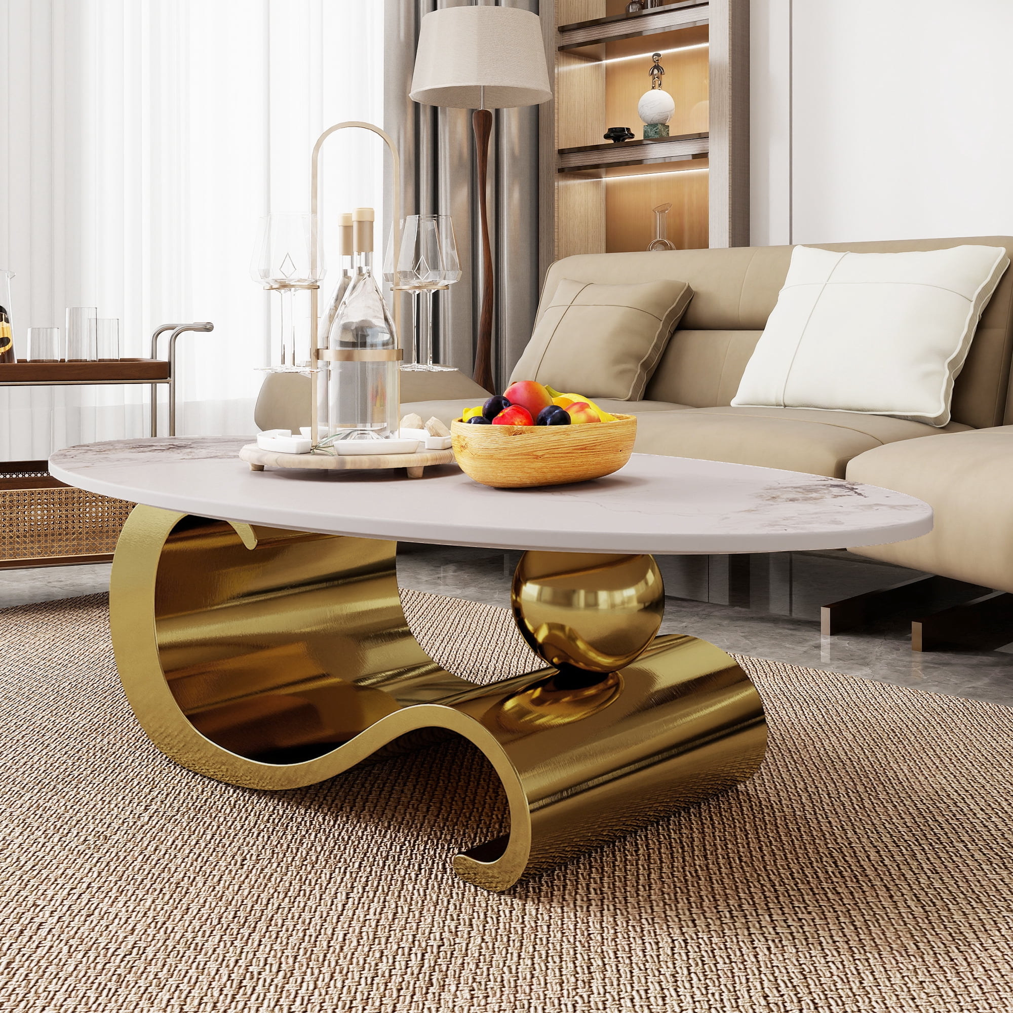 HIUU White Marble Coffee Table for Living Room,Oval Coffee Table with Gold Stainless Steel Base for Living Room
