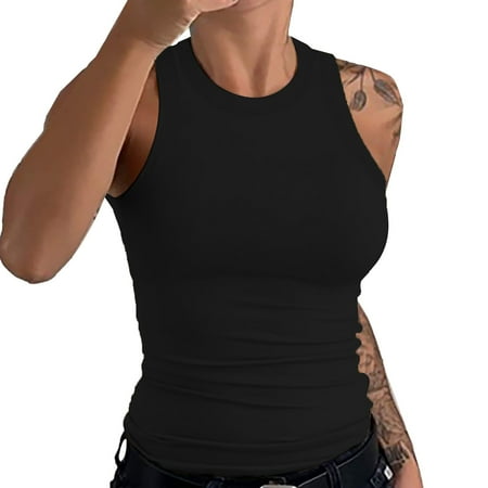 Dondpo Womens Tank Tops Womens Sleeveless Racerback High Neck Casual Basic Cotton Ribbed Tank Top Womens Summer Tops Ribbed Tank Tops For Women Black 2Xl Clearance！