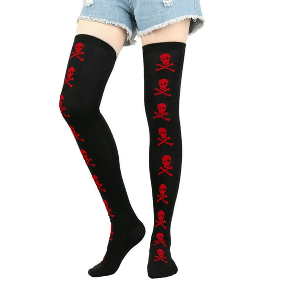 Namzi 2 pairs Halloween Thigh High Long Stockings Over Knee Stockings Cosplay Festival Socks ，Red Skull Head