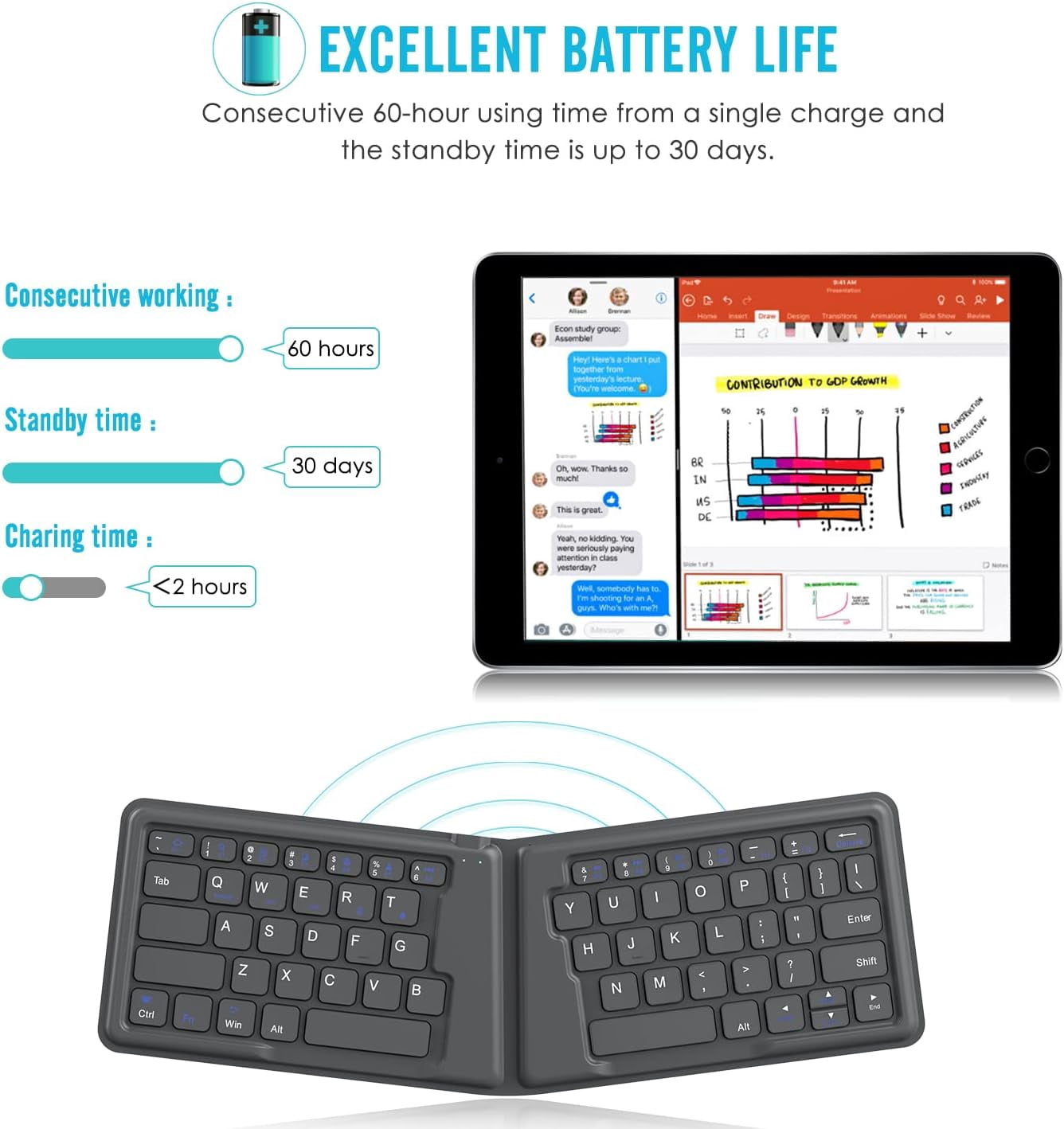KOMI Foldable Bluetooth Keyboard, Ultra-Thin Folding Rechargeable Keyboard, Portable Wireless Keyboard for Laptop iPhone iPad, Compatible with All iOS Android Windows Tablet Smartphone Devices, Gray