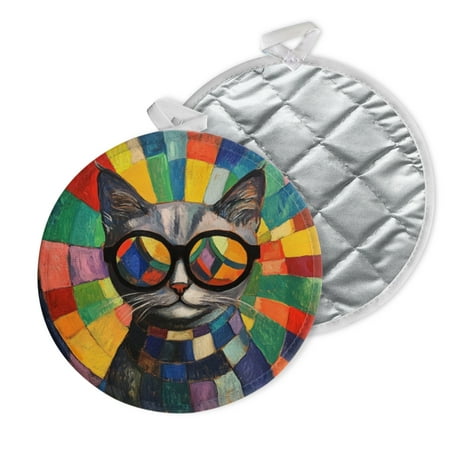 

2 PCS Pot Holders for Kitchen Potholders Sets with Hook for Oven Cooking Baking Cool Cat With Round Glasses