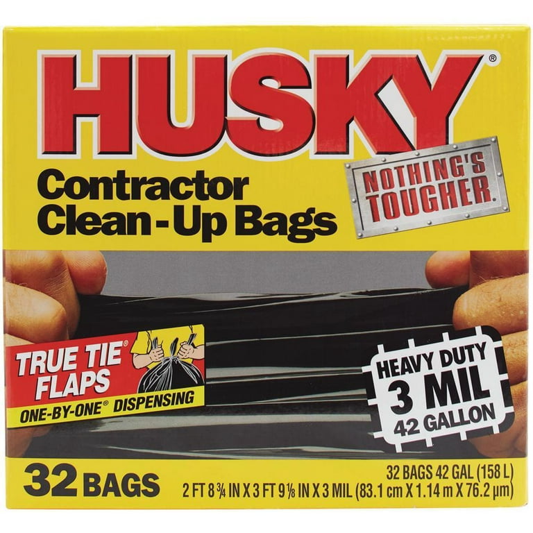 Husky 42 Gallon 3 mil Heavy Duty Contractor Clean-Up Trash Bags, 20 Count