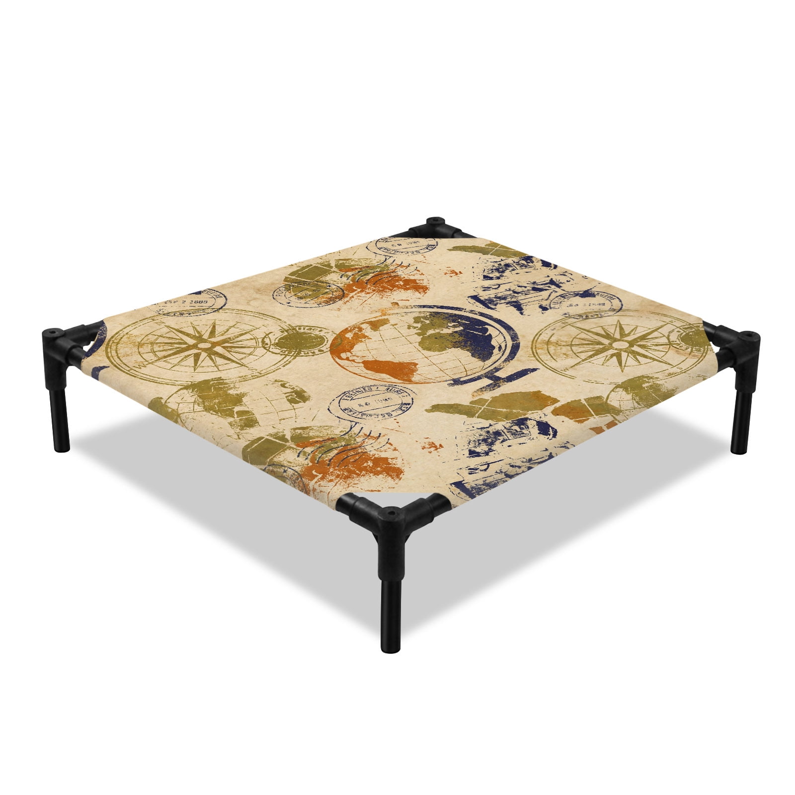 Retro Earth Globe Elevated Dog Bed Travel Compass Vintage Cooling Breathable Outdoor Raised Dog Cot Bed with Metal Frame Non-Slip Feet for Small Dog 20x20in