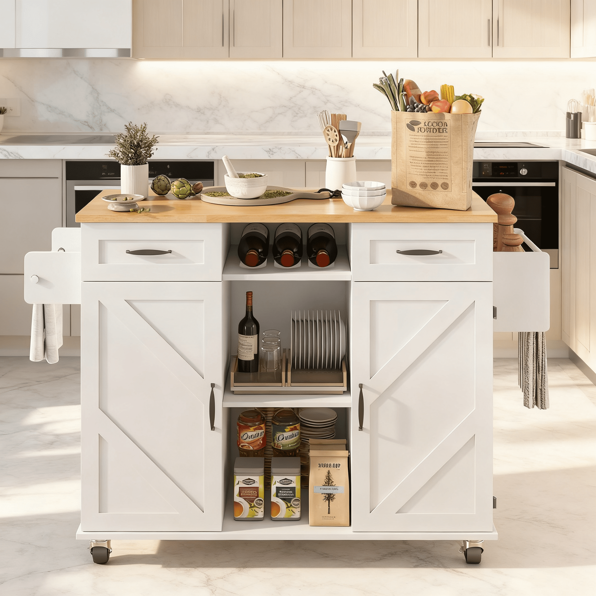 Rolling Kitchen Island Cart with Storage Cabinet & Drop Leaf, Mobile Kitchen Island on Wheels with Drawers, Spice Rack & Towel Holder, Farmhouse Butcher Block Countertop, 51.5" Kitchen Storage Table