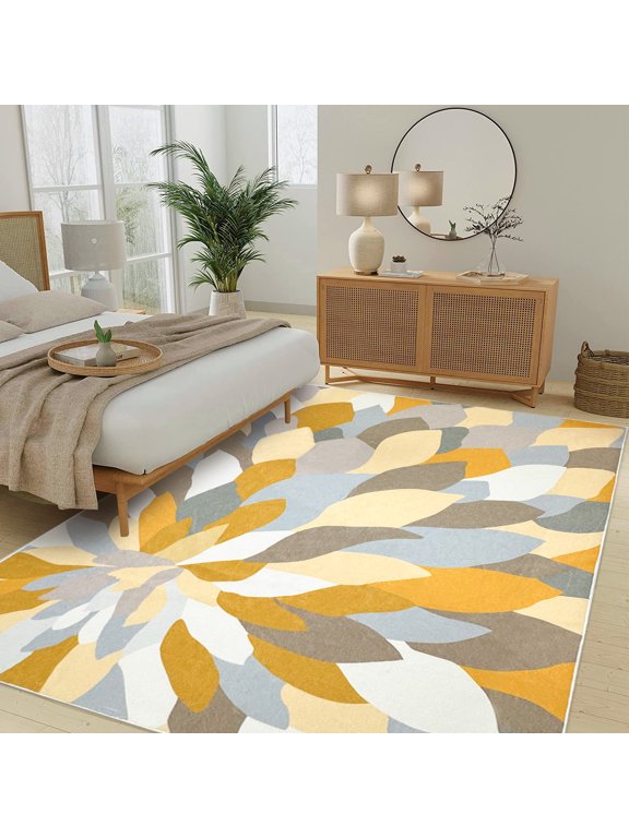 Boho Rug Floral Rug 5x6.6Ft Large Bedroom Carpet Dahlia Flower Print Rug for Living Room Dining Room Funky Girls Kids Room Nonslip Washable farmhouse Floor Mat Rustic Rug, Yellow/Grey