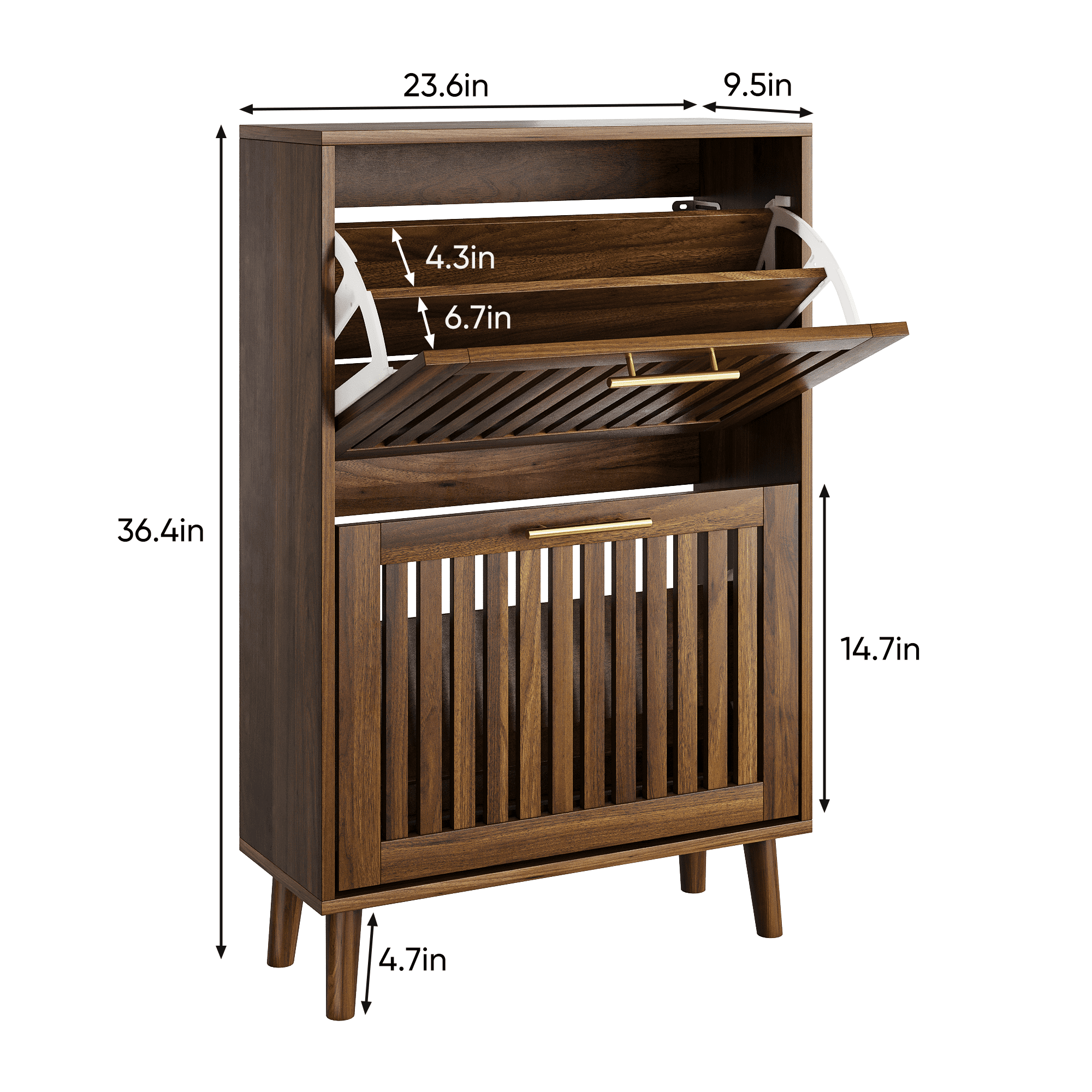 Shoe Cabinet, Entryway Storage Cabinet, 23.6" Farmhouse Shoe Rack with 2 Flip Drawers and Wavy Groove Panel, Medieval Modern Design for Hallway Entrance, Walnut
