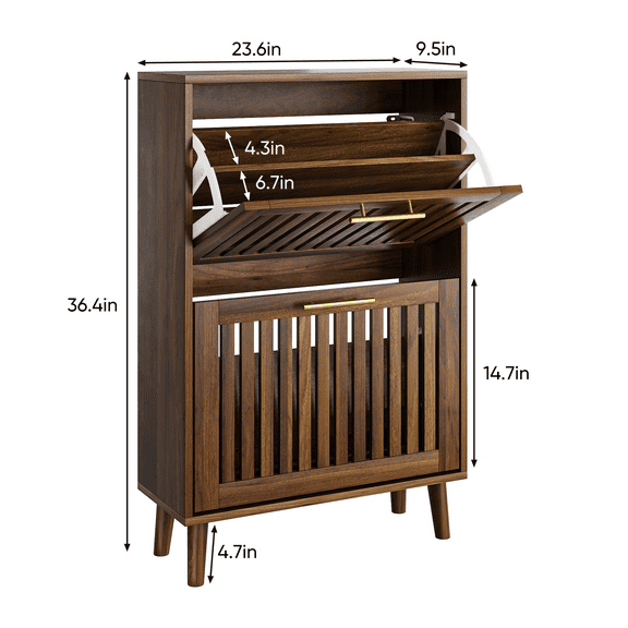 Living Room Cabinets 23.6-inch walnut shoe cabinet, medieval modern independent shoe cabinet, fence shoe cabinet with 2 flip drawers, suitable for corridors and entrances,Wooden Cabinets