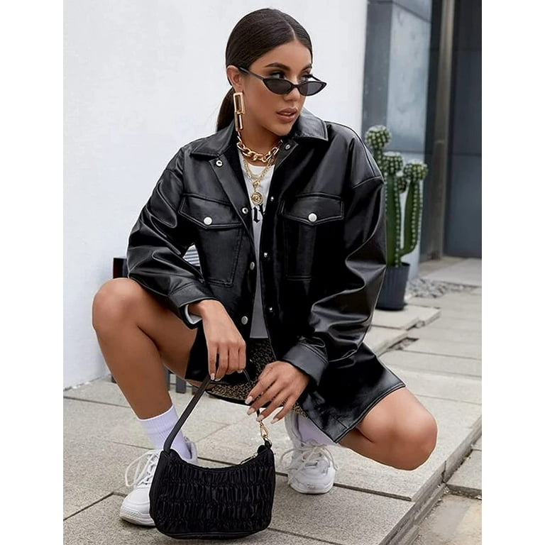 DanceeMangoos Women s Casual Faux Leather Jacket Lapel Button Down Leather Shacket Coat