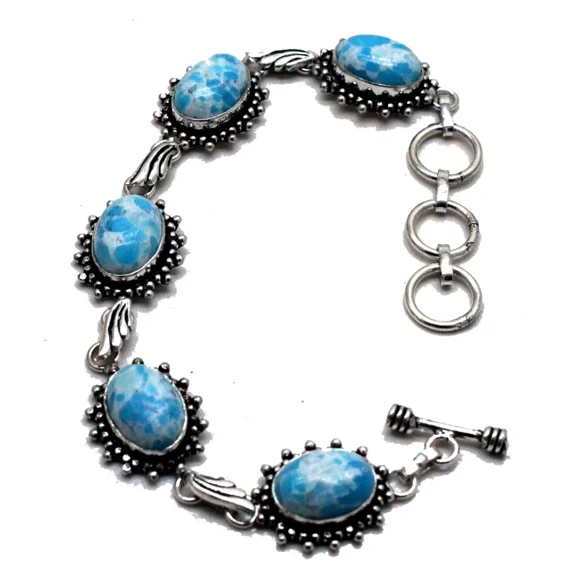 Blue Jade Gemstone 925 Sterling Silver Handmade Jewelry Bracelet Size-7-8"