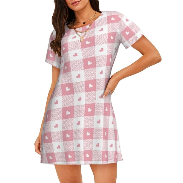 Easygdp Plaid Heart Camisón de manga corta para mujer, informal, estampado