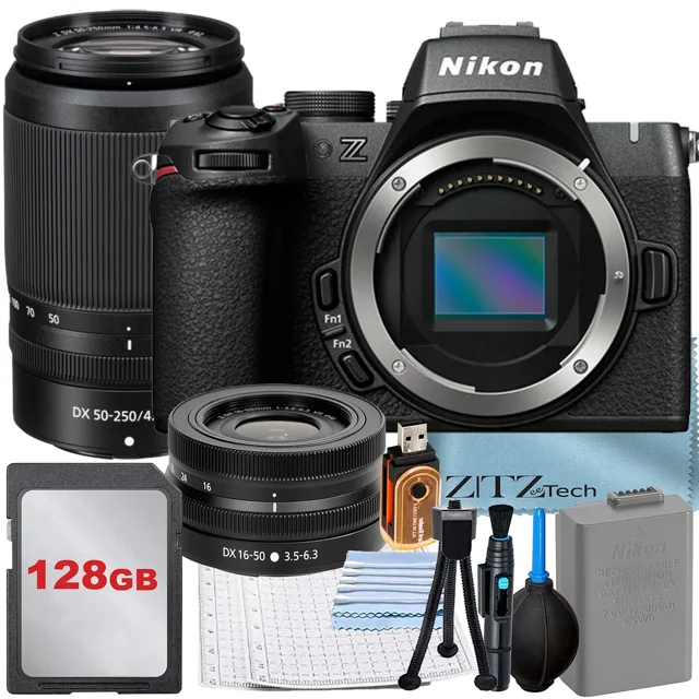 Nikon Z50 II Mirrorless Camera with 16-50mm + 50-250mm VR Lens + 128GB Memory Card + Cleaning Kit + ZeeTech Accessory Bundle