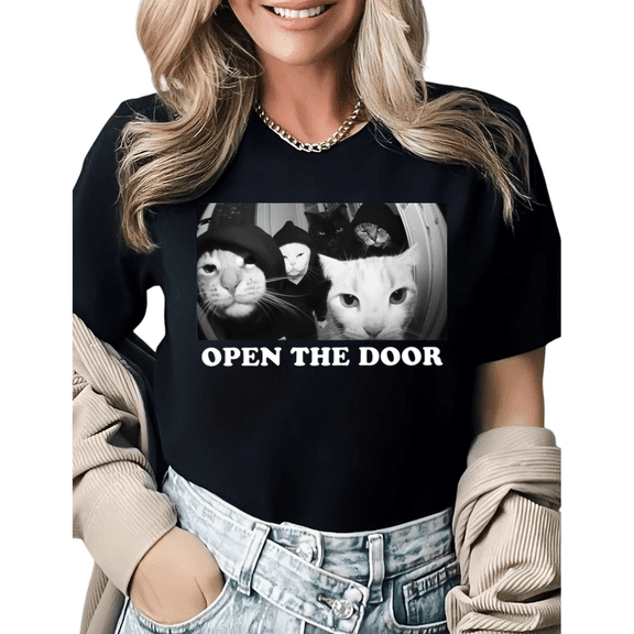 Cat Mom Dad Open The Door Cat Gang Graphic Tees Womans Tshirt Black White S-5XL Tops