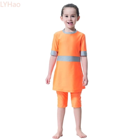 LYHao Full Coverage Swimwear For Girls Long Sleeve Swim With Skirt Rash Guard Swim 2 Piece Swimwear Sets 8-9 Years Orange