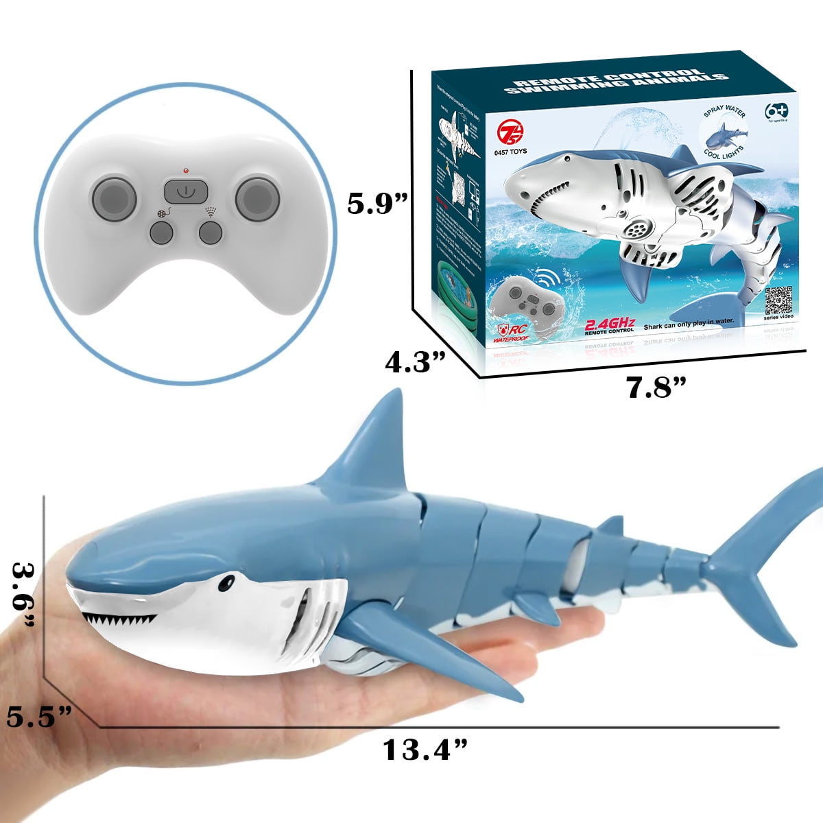 Lvelia 2.4Ghz Remote Control Shark Toys for Boys Girls,1:18 Scale High Simulation Shark for Pool, Electric RC Shark Fish Toys with Light & Spray Water Function for Kids Ages 6+,Blue