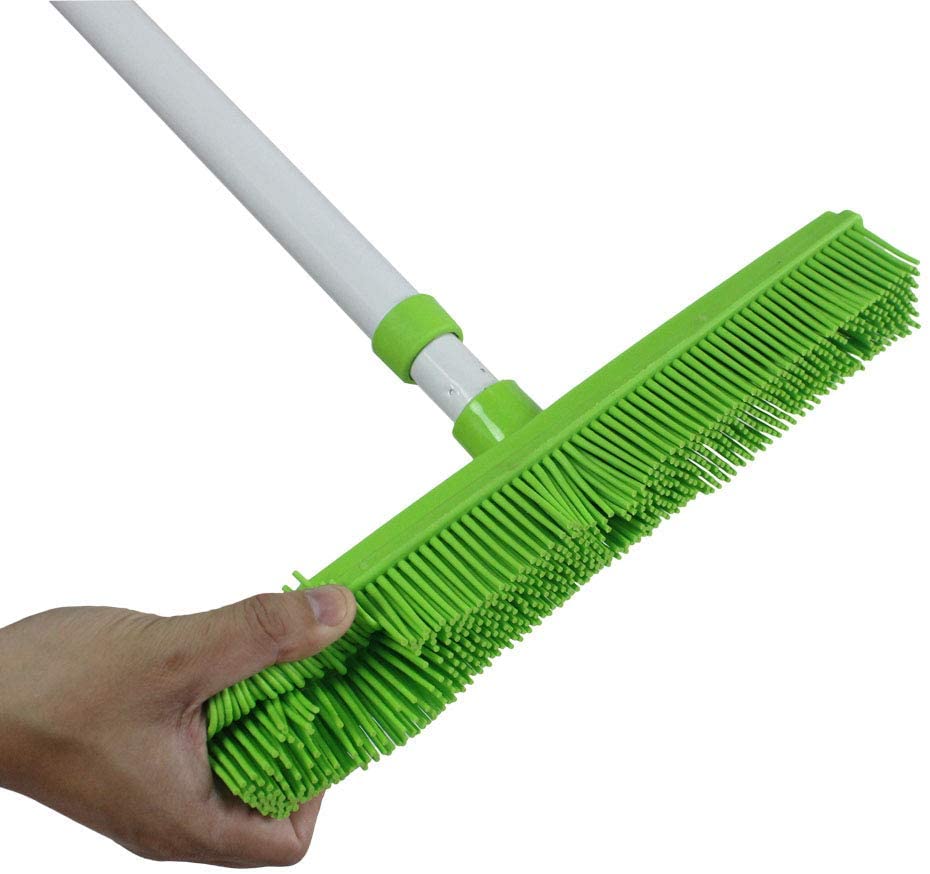 Long Handled Push Broom with Soft Rubber Bristles Squeegee Edge Use for Pet Cat Dog Hair Perfect