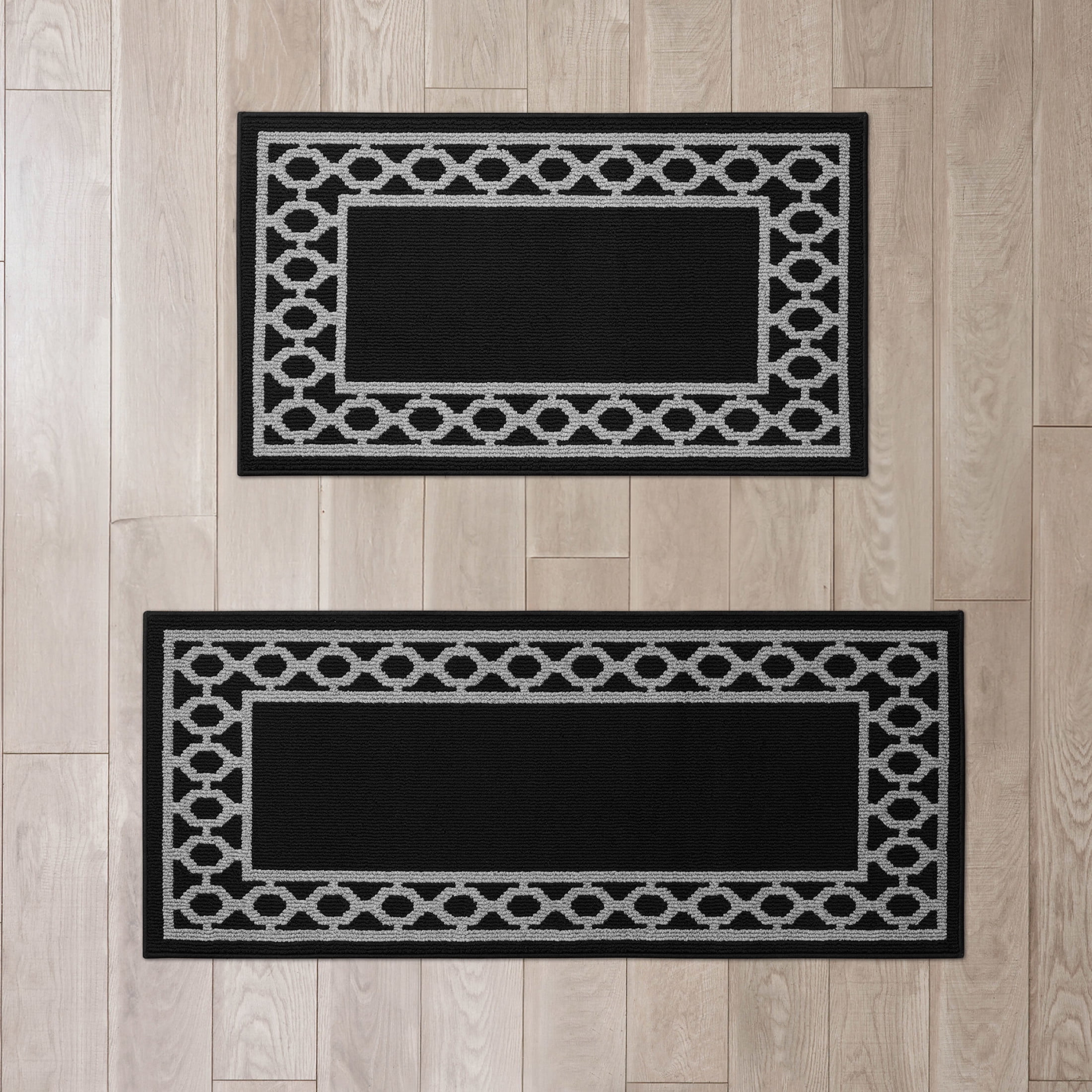 Washable Skid-Resistant Runner Rug, Trellis Border , Black and Twisted Grey , 26" x 45"/26" x 60"