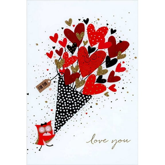 Pictura Owl Holding Large Bouquet of Hearts Valentine's Day Card
