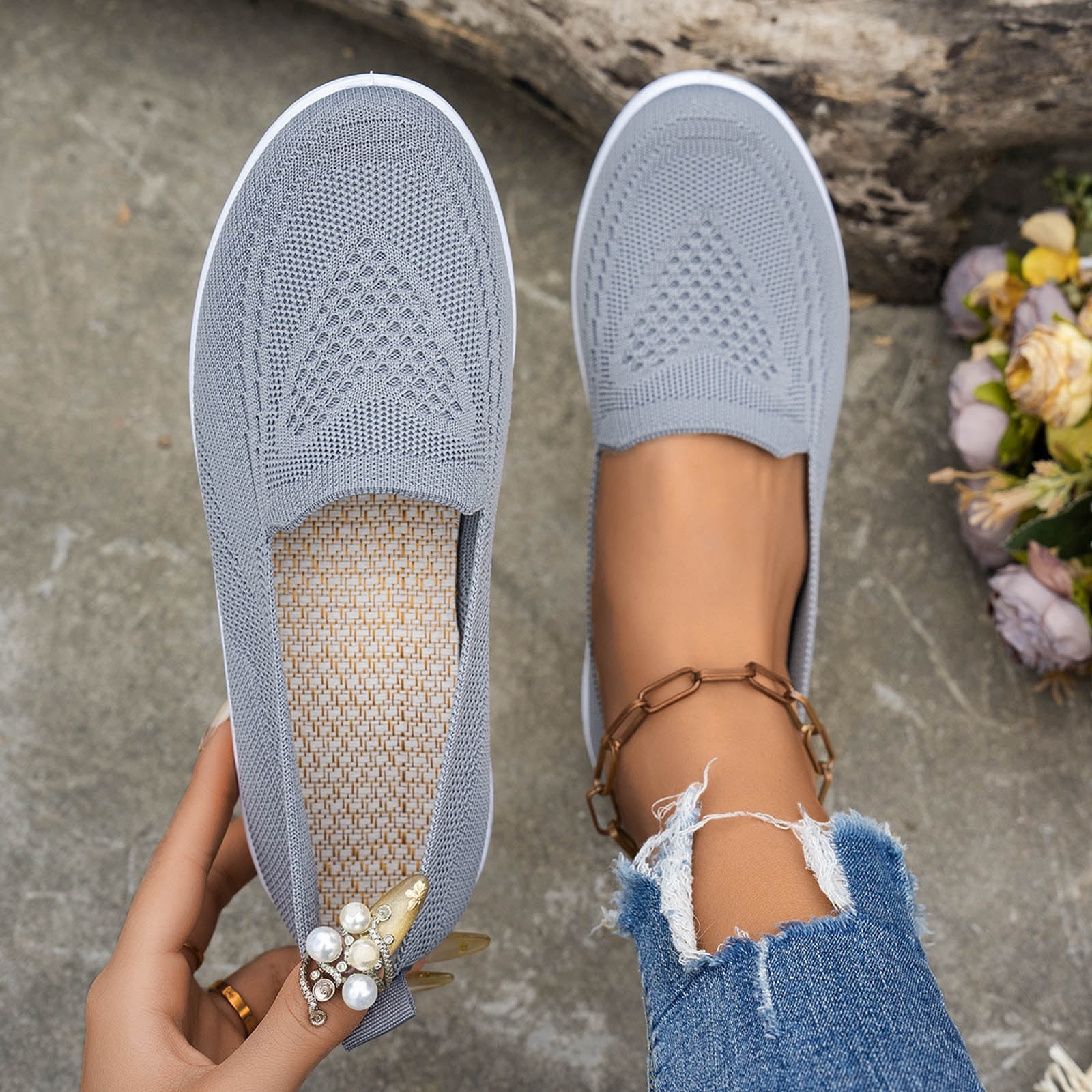 Loafers for Women Slip on Solid Mesh Walking Shoes Comfy Soft Sole Lightweight Driving Nursing Shoes Casual Breathable Flat Shoes Gray Size 8