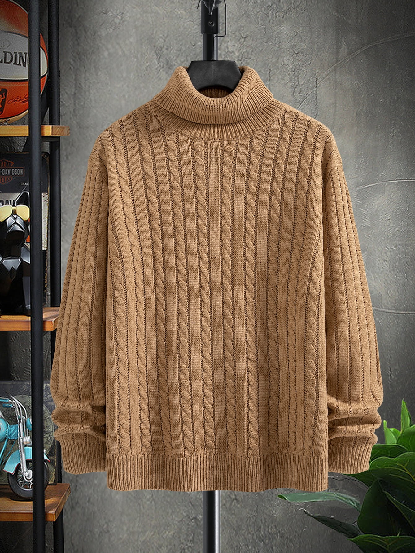 Camel Men Cable Knit Turtleneck Sweater 