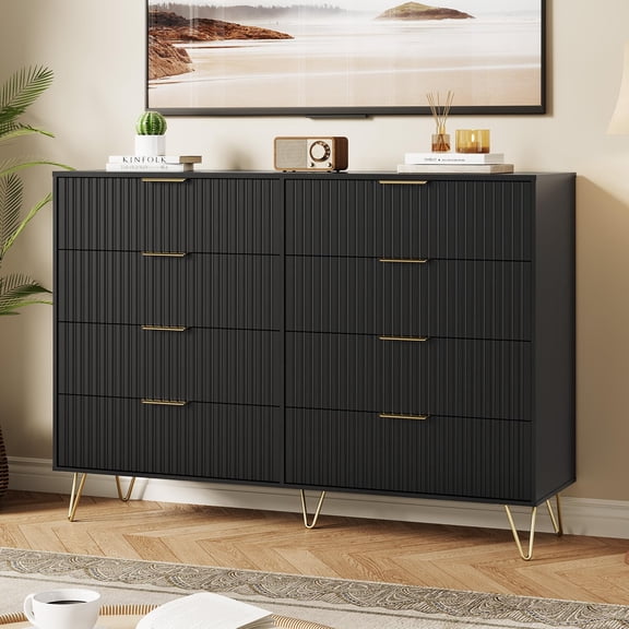 Kicctian 8-Drawer Fluted Dresser with Metal Handles, 55 Inch Wide Storage Cabinet for Bedroom, Living Room, Hallway, Contemporary Chest of Drawers,Black